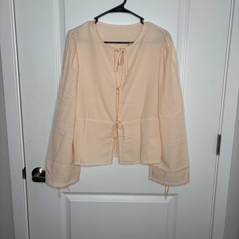 Woman’s Striped Cream Blouse with Tie Details